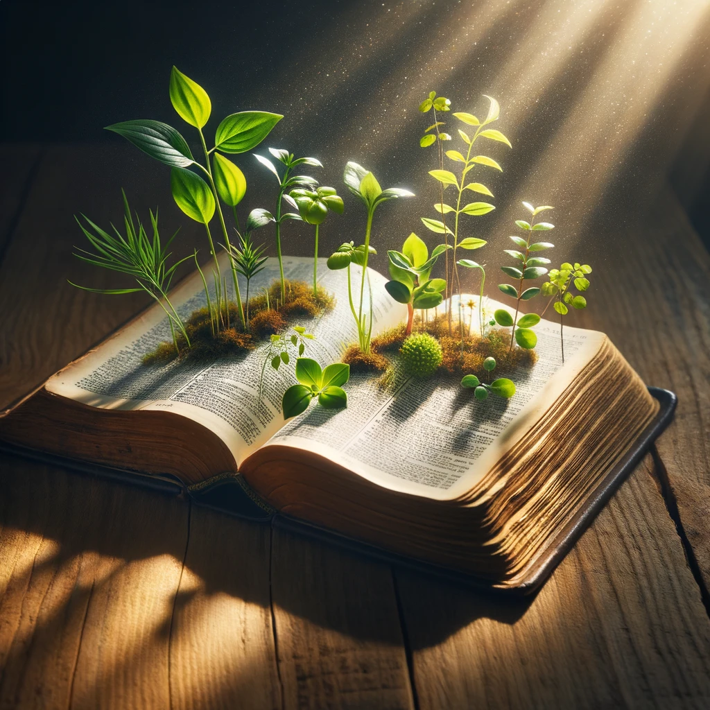 Foto: Een ouderwetse, opengeslagen Bijbel ligt op een houten tafel. Uit de pagina's van de Bijbel groeien groene planten en bloemen, symboliserend dat de boodschap van de Bijbel leidt tot groei en duurzaamheid. Een zachte gloed van zonlicht valt over het geheel, wat zorgt voor een warme en uitnodigende sfeer.